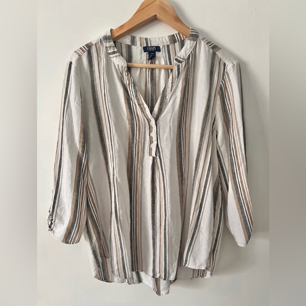 Chaps Linen Blend/Women's Blouse - White and Brown Stripes